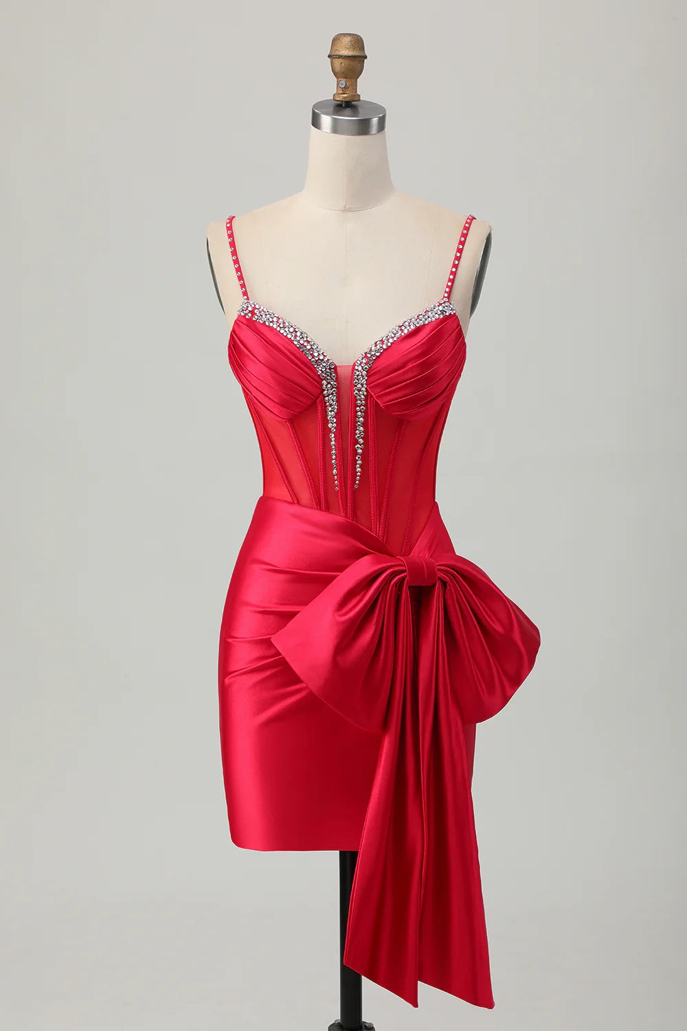 DingJi Wedding Shiny Bow Tight Beaded Waist Short Homecoming Dresses